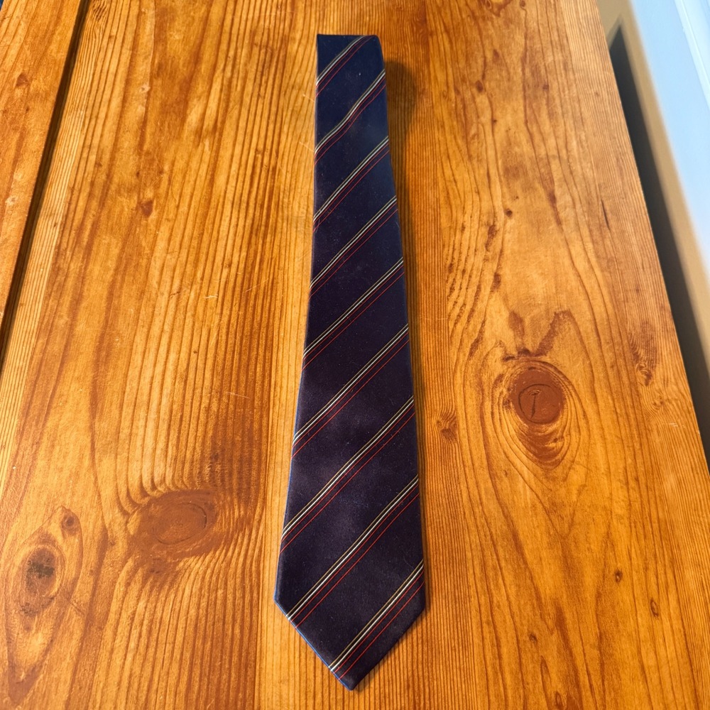 Vintage Christian Dior Silk Tie Navy Blue‎ Red White Stripe Luxury Mens Formal